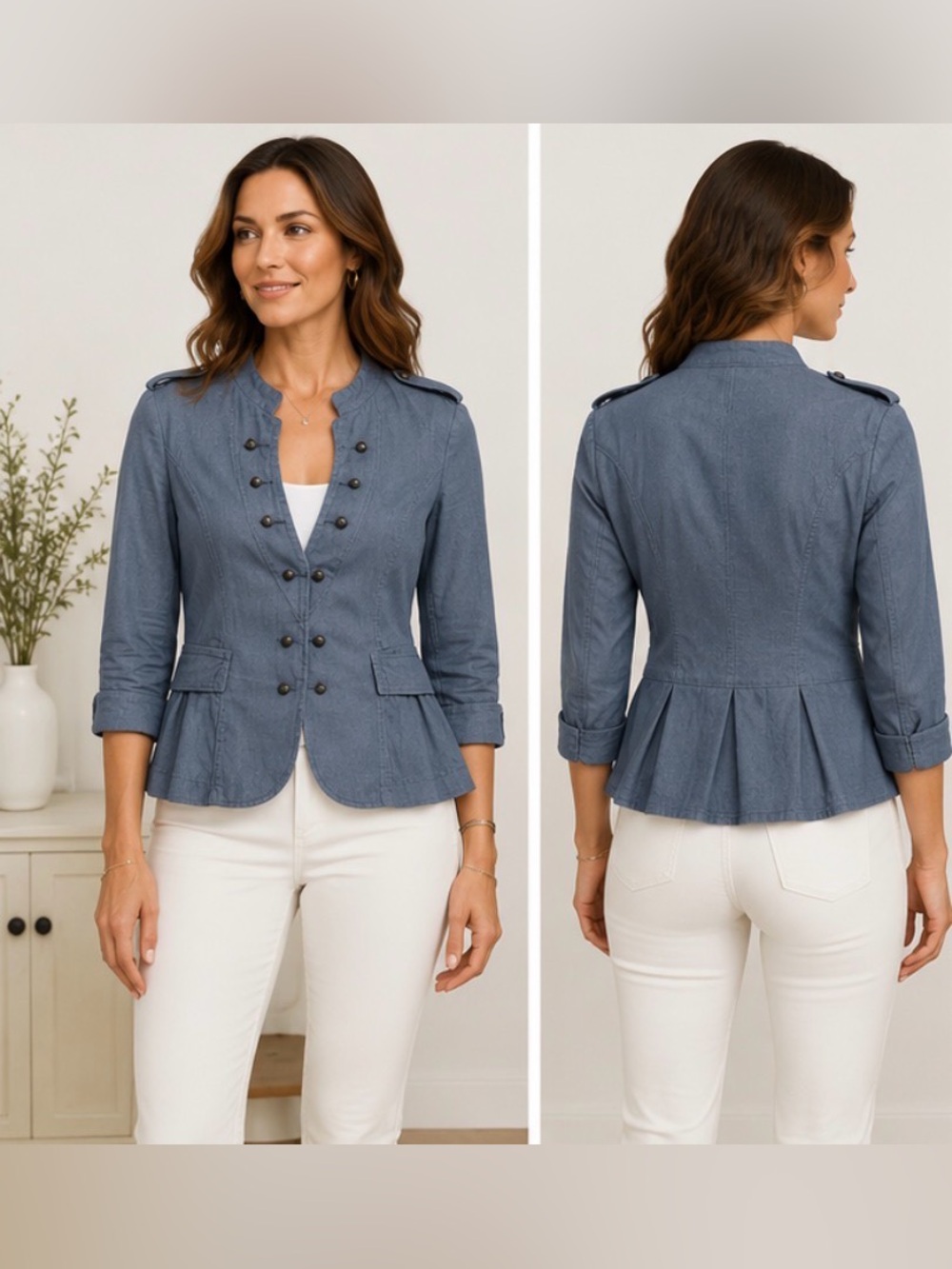 215 Chico’s Blue Military Style Blazer Jacket Size 1 Cotton Linen Double Button